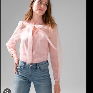 White House black market pink jewel button tie neck blouse size XL